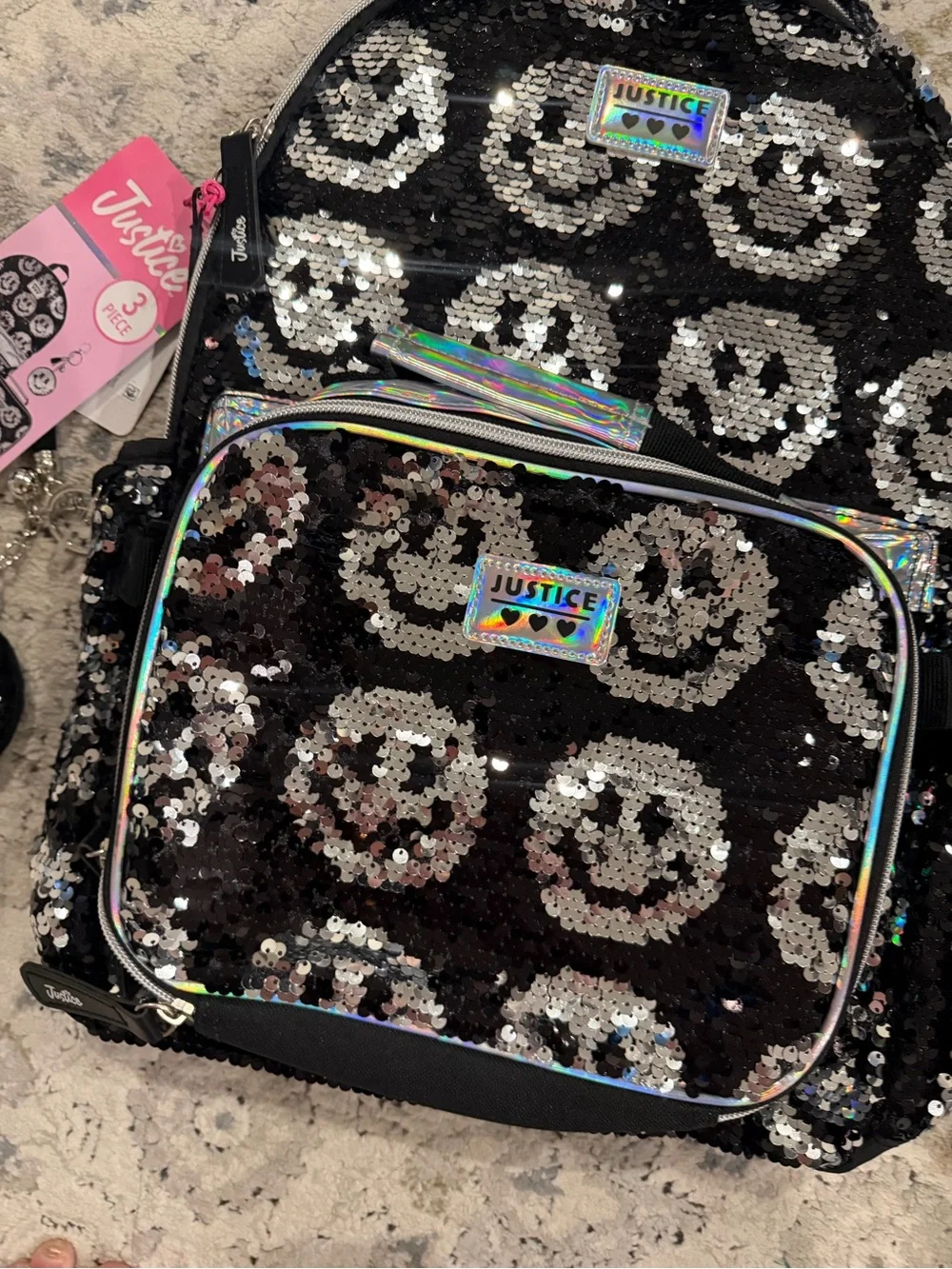 Justice Smiley Face Sequin Backpack Set 🖤✨